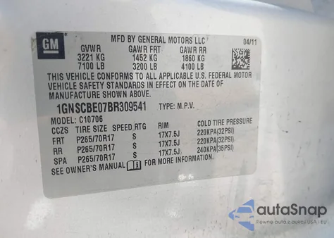 2011 Chevrolet Tahoe Lt z USA, uszkodzony, nr VIN 1GNSCBE07BR309541